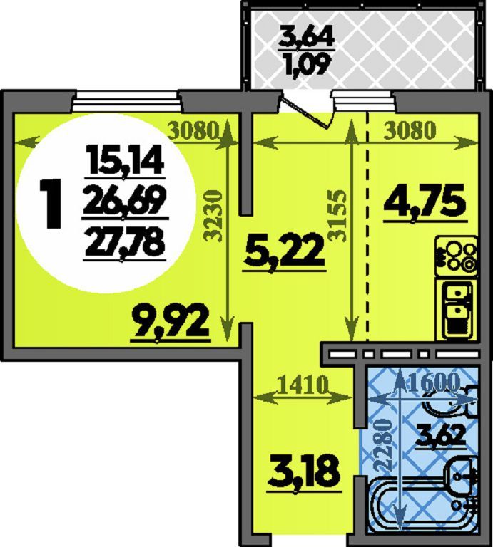 Квартира № 074 в ЖК Суворовский : подъезд 1, этаж 8, 27.78 м2 в Ростов ...