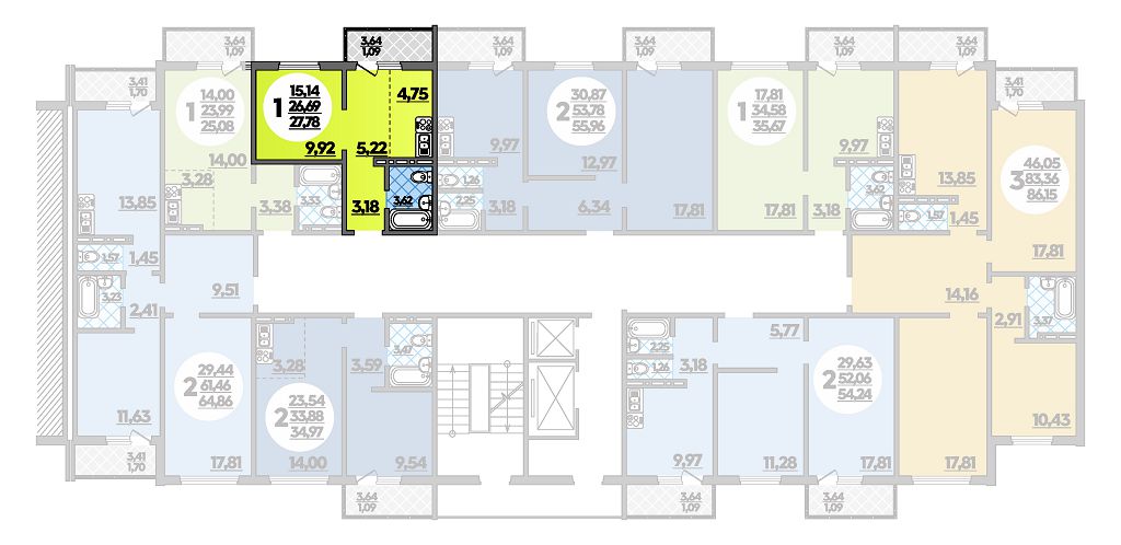 Квартира № 248 в ЖК Суворовский : подъезд 2, этаж 9, 27.78 м2 в Ростов ...