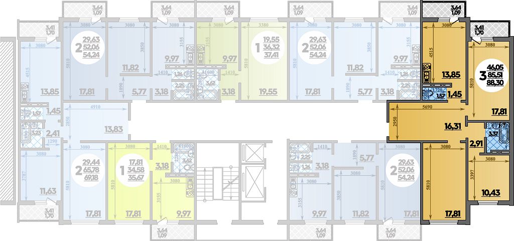 Квартира № 471 в ЖК Суворовский : подъезд 3, этаж 16, 88.30 м2 в Ростов ...