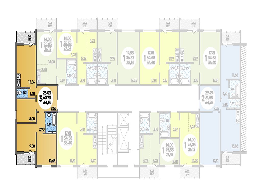 Квартира № 032 в ЖК Суворовский : подъезд 1, этаж 4, 64.13 м2 в Ростов ...