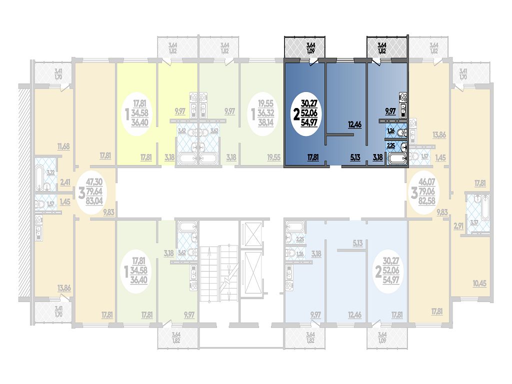 Квартира № 368 в ЖК Суворовский : подъезд 3, этаж 14, 54.97 м2 в Ростов ...