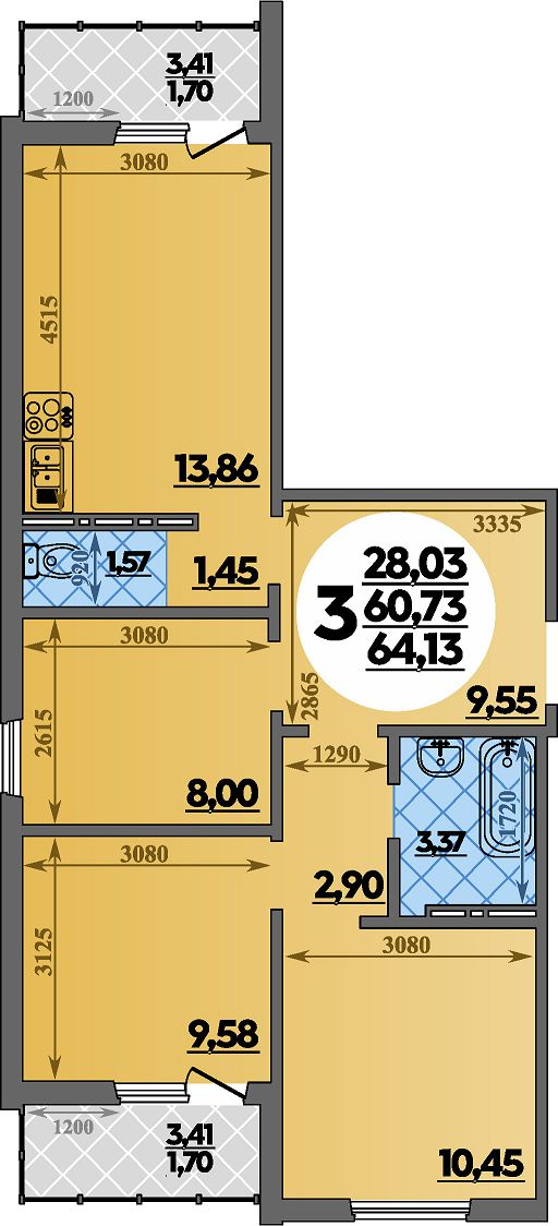 Квартира № 032 в ЖК Суворовский : подъезд 1, этаж 4, 64.13 м2 в Ростов ...