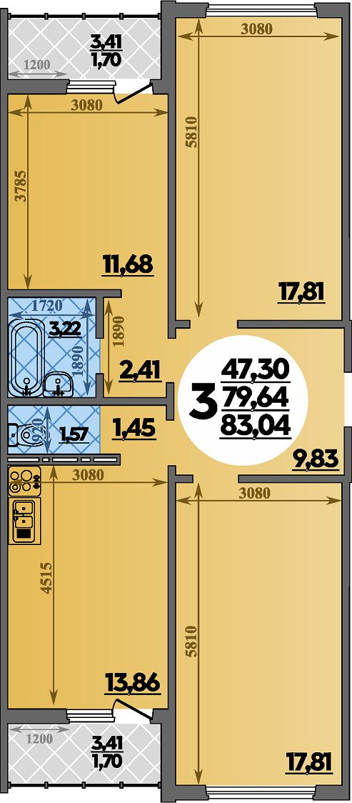 Квартира № 386 в ЖК Суворовский : подъезд 3, этаж 17, 83.04 м2 в Ростов ...