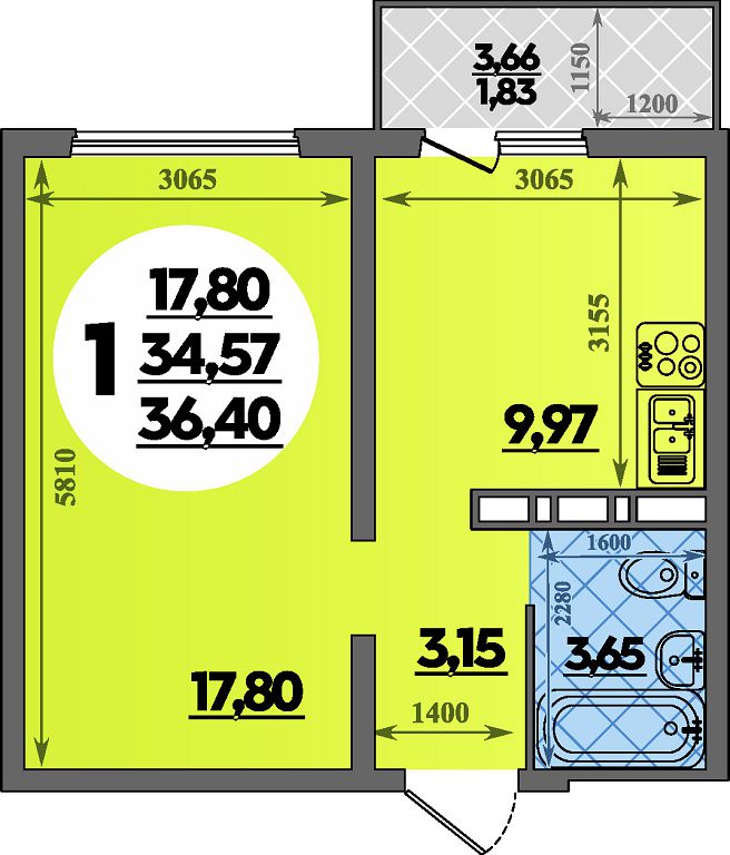 Квартира № 206 в ЖК Суворовский : подъезд 2, этаж 15, 36.40 м2 в Ростов ...