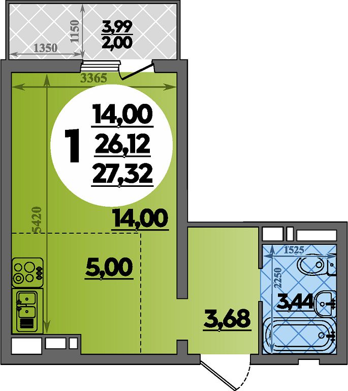Квартира № 255 в ЖК Суворовский : подъезд 3, этаж 4, 27.32 м2 в Ростов ...
