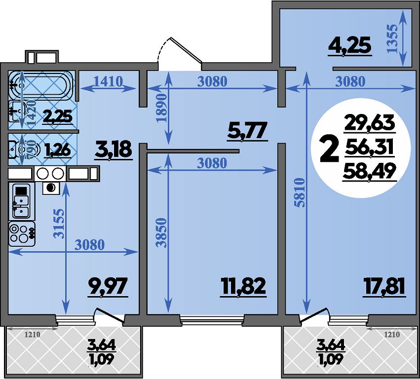 Квартира № 020 в ЖК Тихорецк : подъезд 1, этаж 3, 58.49 м2 в Тихорецк ...